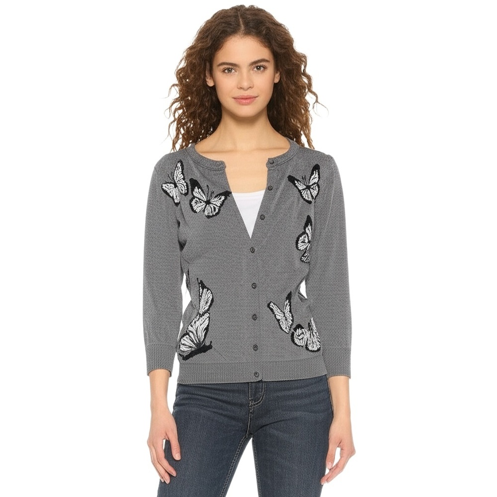 BASS Womens Cardigan Size S Grey Butterfly Knit Crew Neck‎ Button Front Casual